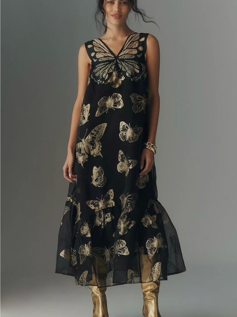 Anthropologie Sleeveless Black Gold Butterfly Print Midi Dress Large
